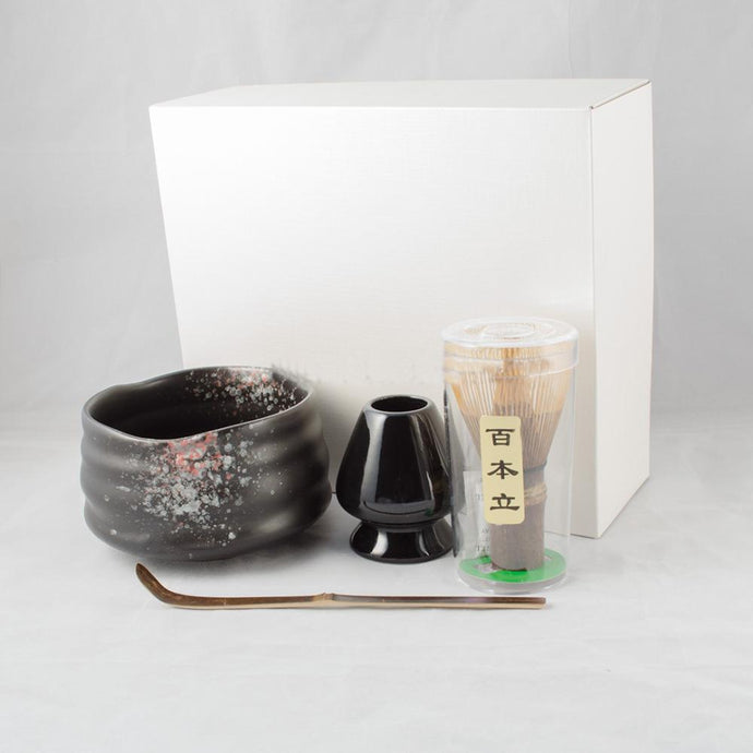 Charming 4in1 Black Giftset of Matcha Green Tea Tools Flambed Glazed Matcha Bowl Handmade Bamboo Chasen Whisk Holder and Scoop